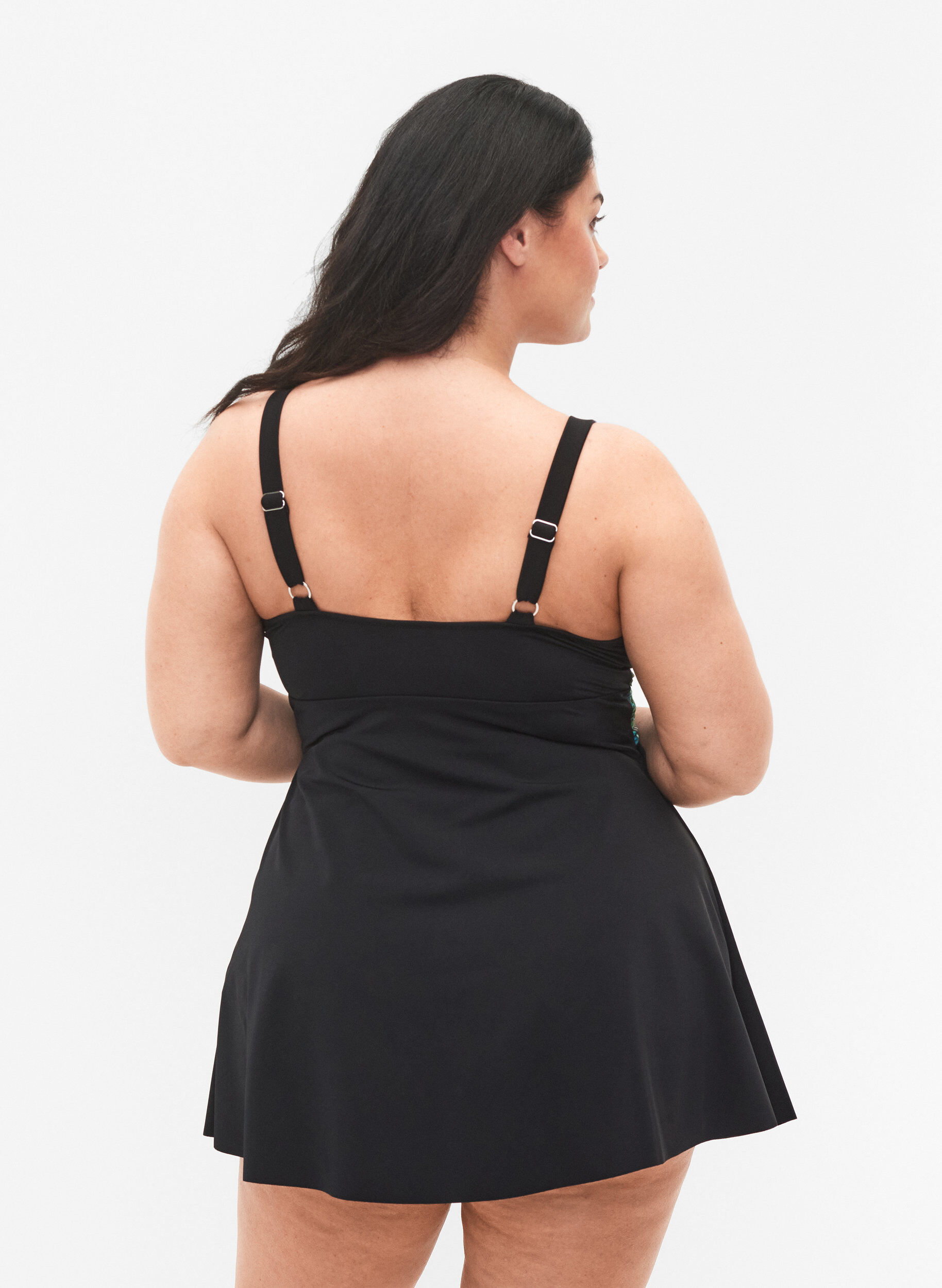 Zizzi Uimapuku v&auml;lj&auml;ll&auml; hameella, Black Blue Leaf, Model image number 1