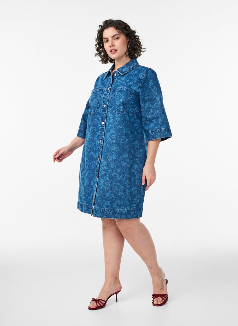 Denimmekko kukkakuviolla ja rintataskuilla, Sininen, Model image number 1