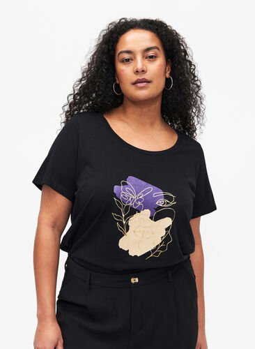 Kuvioitu puuvillainen T-paita, Black w. Face Foil, Model image number 0