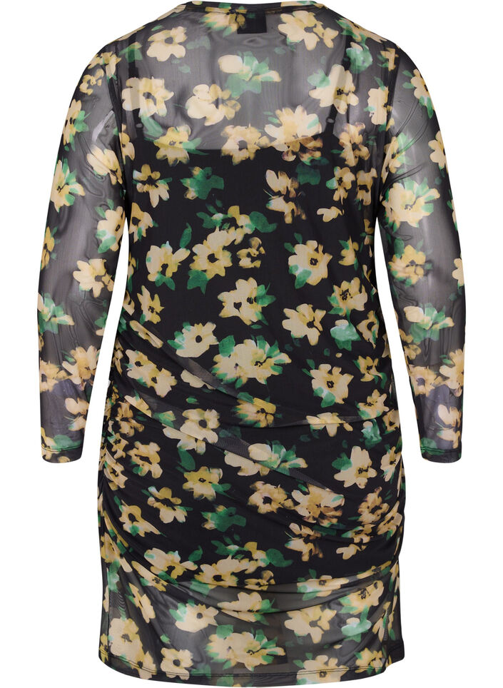 Tyköistuva mekko mesh-kankaasta 3/4-hihoilla, Yellow Green AOP, Packshot image number 1