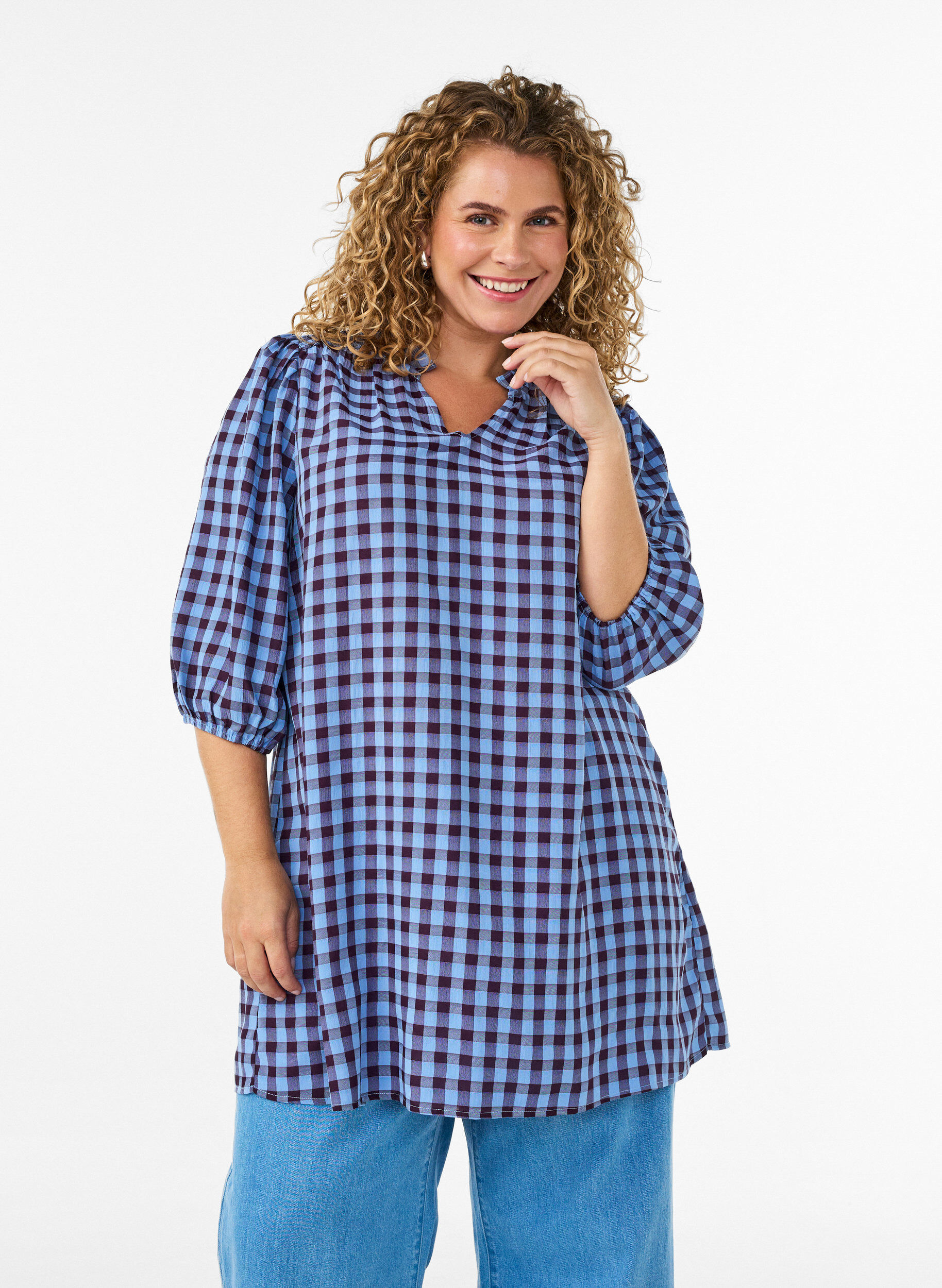 Gingham-ruudullinen tunika r&ouml;yhel&ouml;kauluksella, Sininen, Model