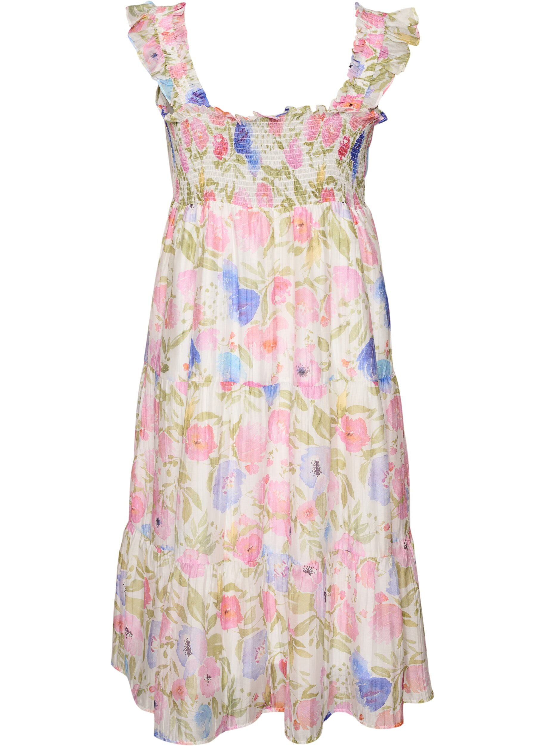 Zizzi Pitk&auml; kukkamekko lyocellista r&ouml;yhel&ouml;ill&auml;, Valkoinen, Packshot image number 1