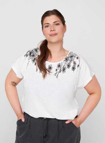 Puuvillainen t-paita printtiyksityiskohdilla, Bright White FLOWER, Model image number 0