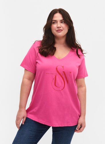 Puuvillainen t-paita painatuksella, Shocking Pink SUN, Model image number 0