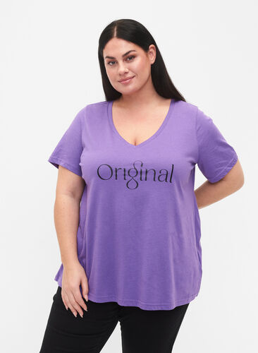 Puuvillainen t-paita tekstiprintillä ja v-pääntiellä, Deep Lavender ORI, Model image number 0