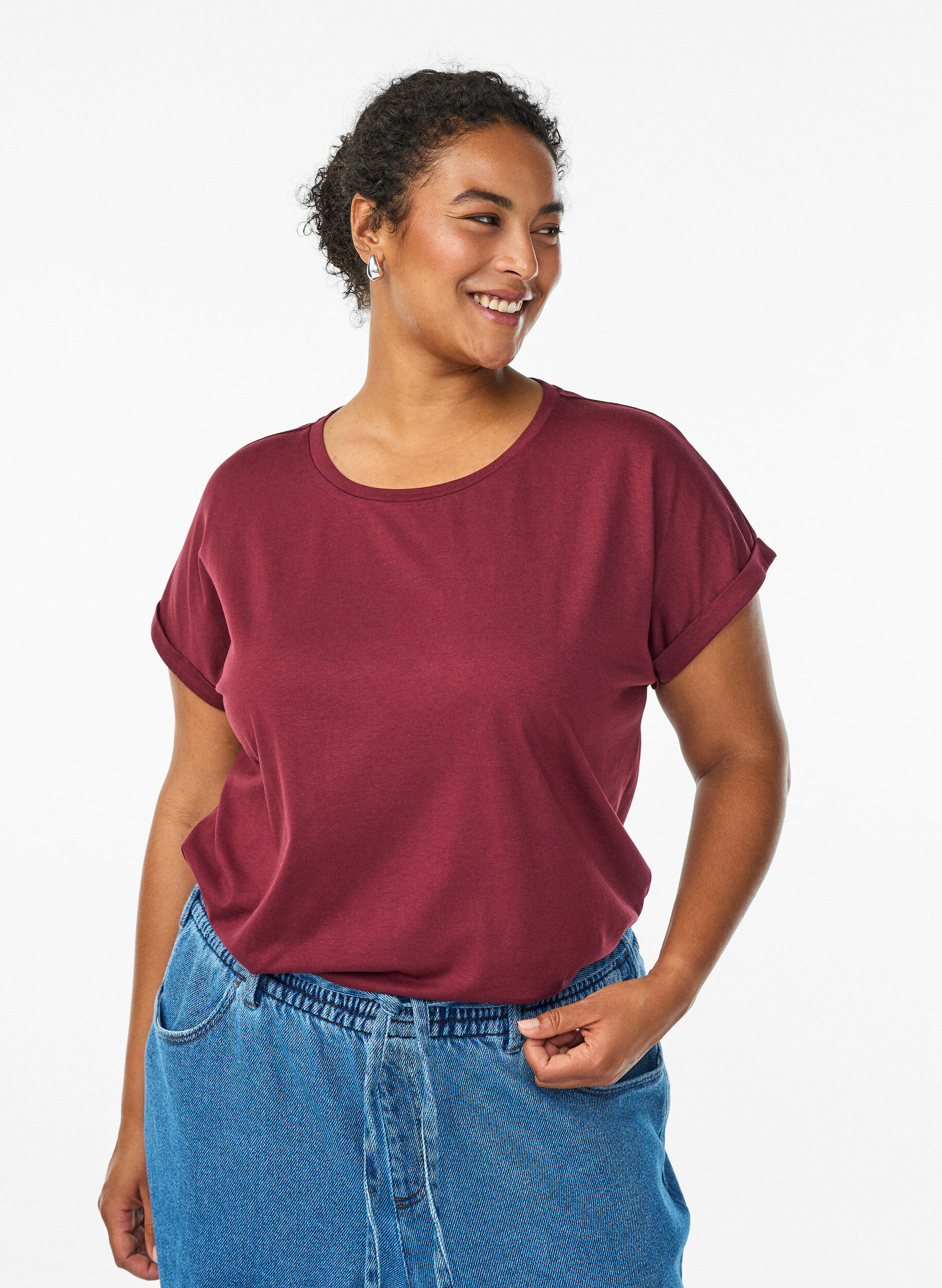 ZizziLyhythihainen puuvillasekoitteinen T-paita, Tumma Bordeaux, Model image number 0