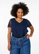 Puuvillainen t-paita lyhyillä pitsihihoilla, Sininen, Model image number 0