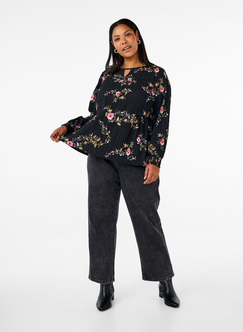 Pitk&auml;hihainen pusero kukkakuosilla, Musta, Model image number 1
