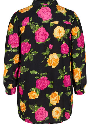Kukallinen paitapusero napeilla ja smokkirypytyksellä, Black Flower AOP, Packshot image number 1