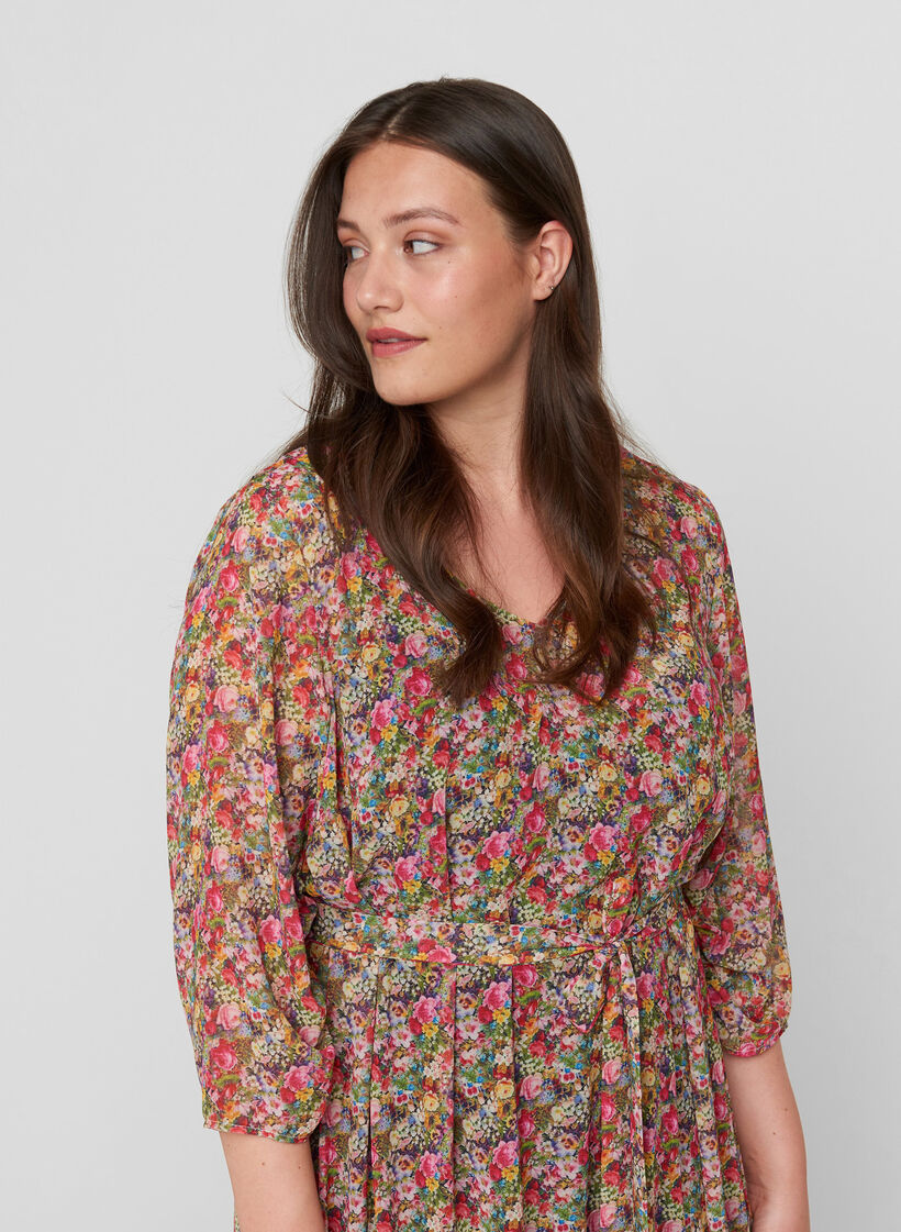 Kukallinen midimekko nauhalla vyötäröllä, Pink Flower AOP, Model image number 2