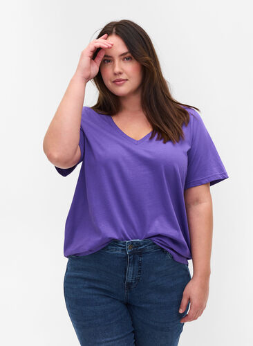 T-paita ekologisesta puuvillasta v-aukolla, Ultra Violet, Model image number 0