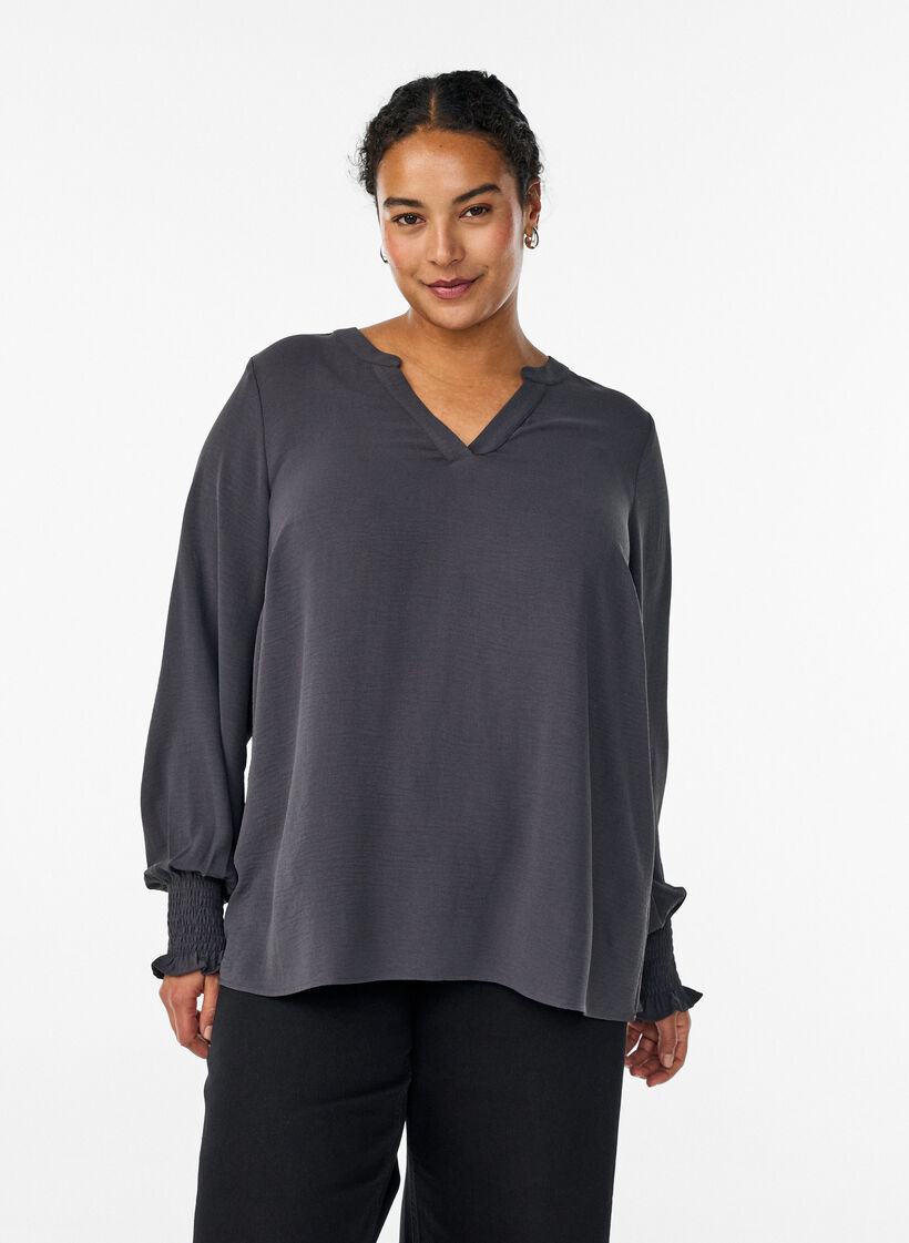 Pusero smock-kalvosimilla ja v-p&auml;&auml;ntiell&auml;, Harmaa, Model image number 0