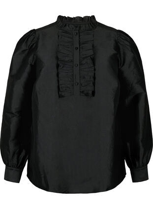 Kiiltävä paitapusero röyhelöillä, Black, Packshot image number 0