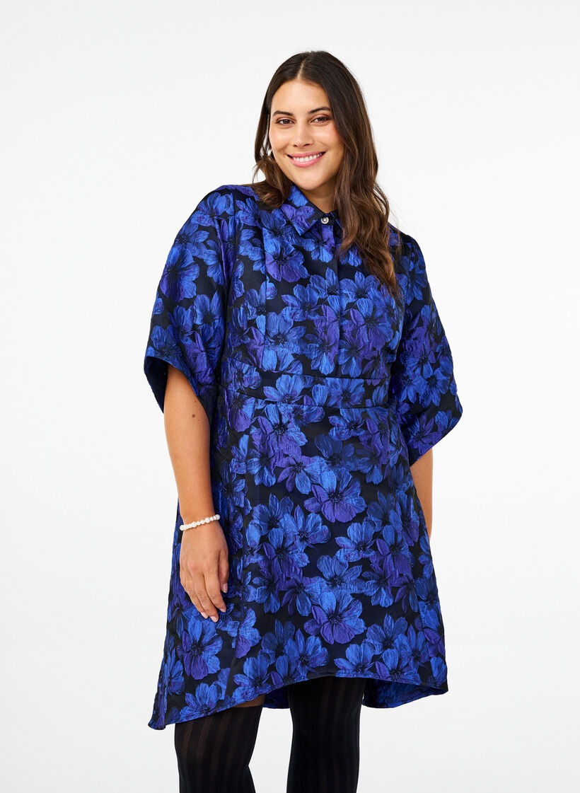 Lyhyt jacquard-mekko 3/4-hihoilla, Black Blue, Model image number 0