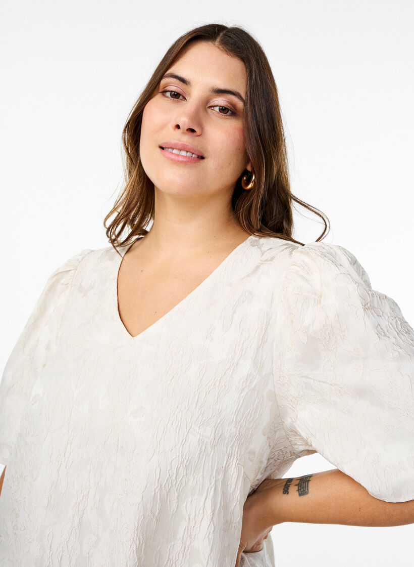 Polvipituinen jacquard-mekko lyhyillä hihoilla, Whisper White, Model image number 2