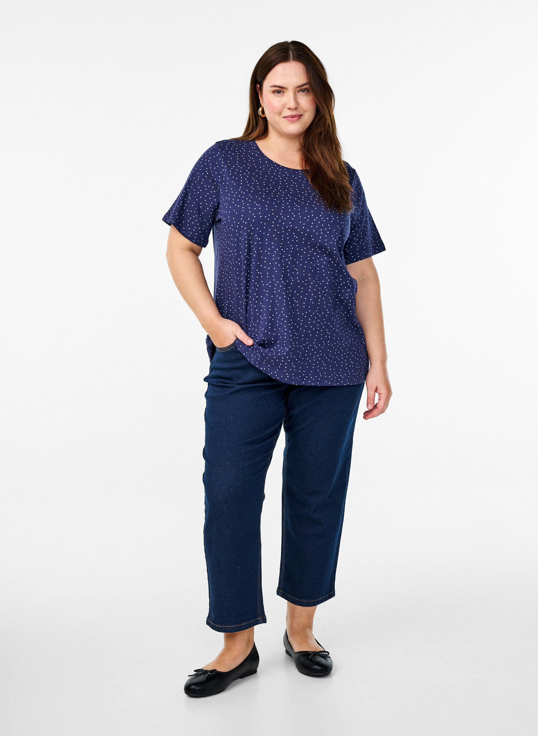 Zizzi Luomupuuvillainen T-paita pilkuilla, Sininen, Model image number 1