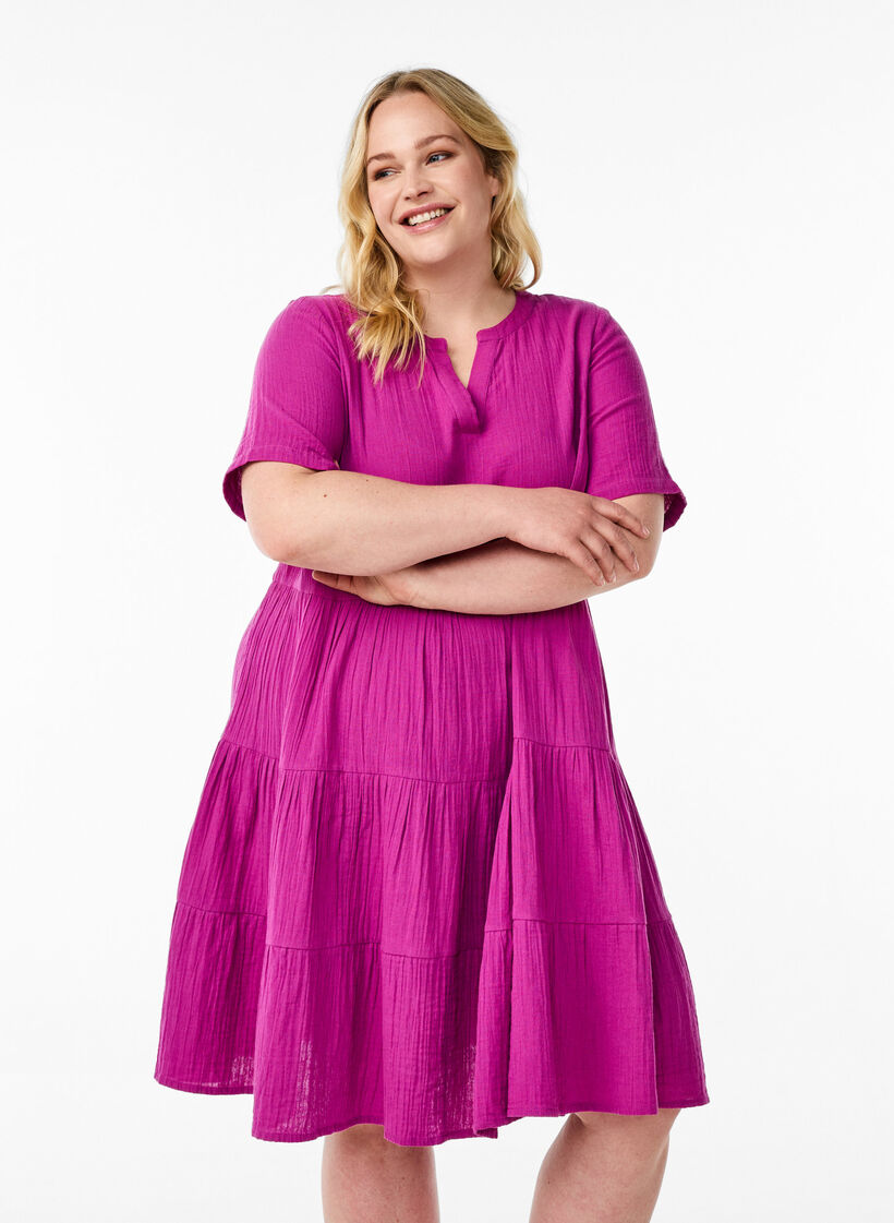 Polvipituinen puuvillamusliinimekko A-linjaisella leikkauksella, Violetti, Model image number 0