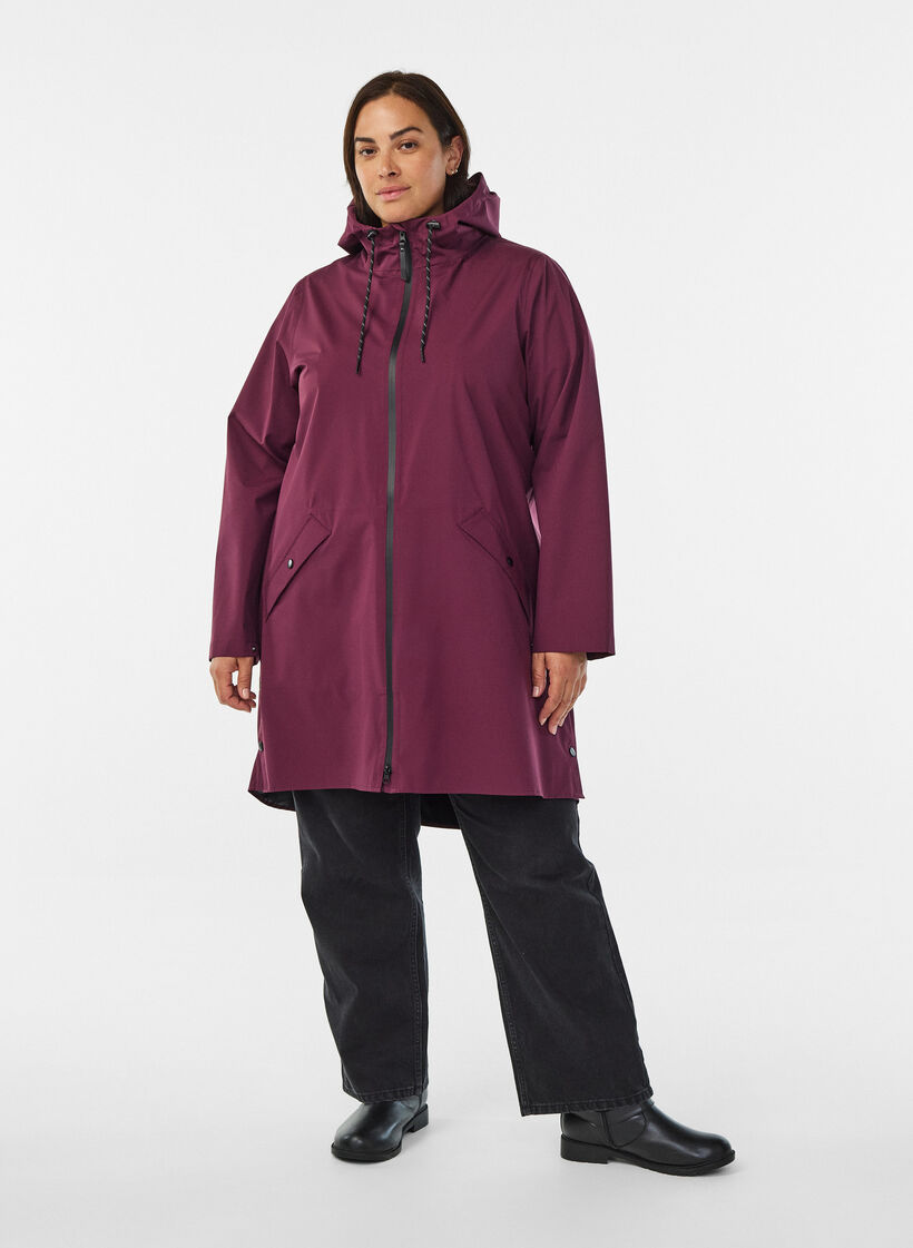 Sadetakki, jossa on taskut ja huppu, Tumma Bordeaux, Model image number 1