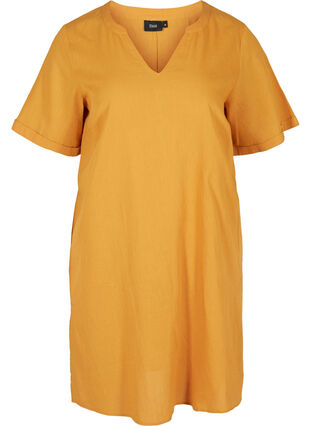 Lyhythihainen mekko puuvilla-pellavasekoitetta, Honey Mustard, Packshot image number 0