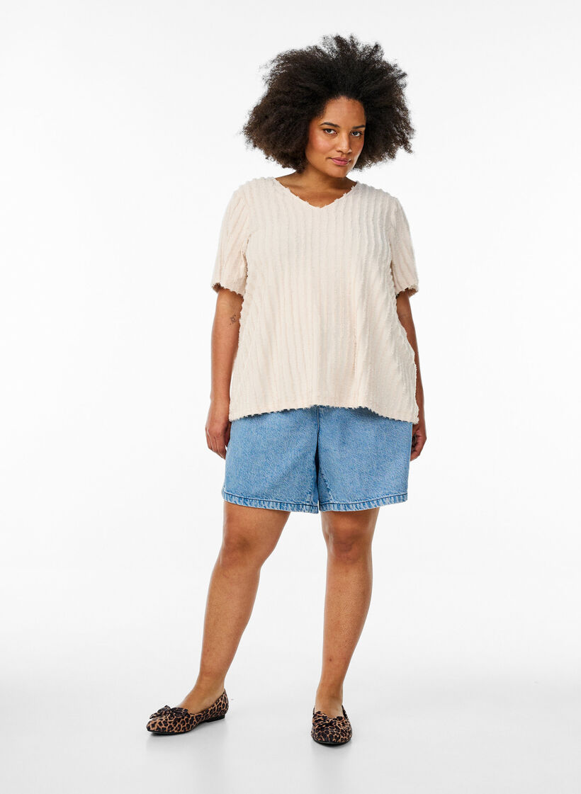 Lyhythihainen raidallinen pusero, Beige, Model image number 1