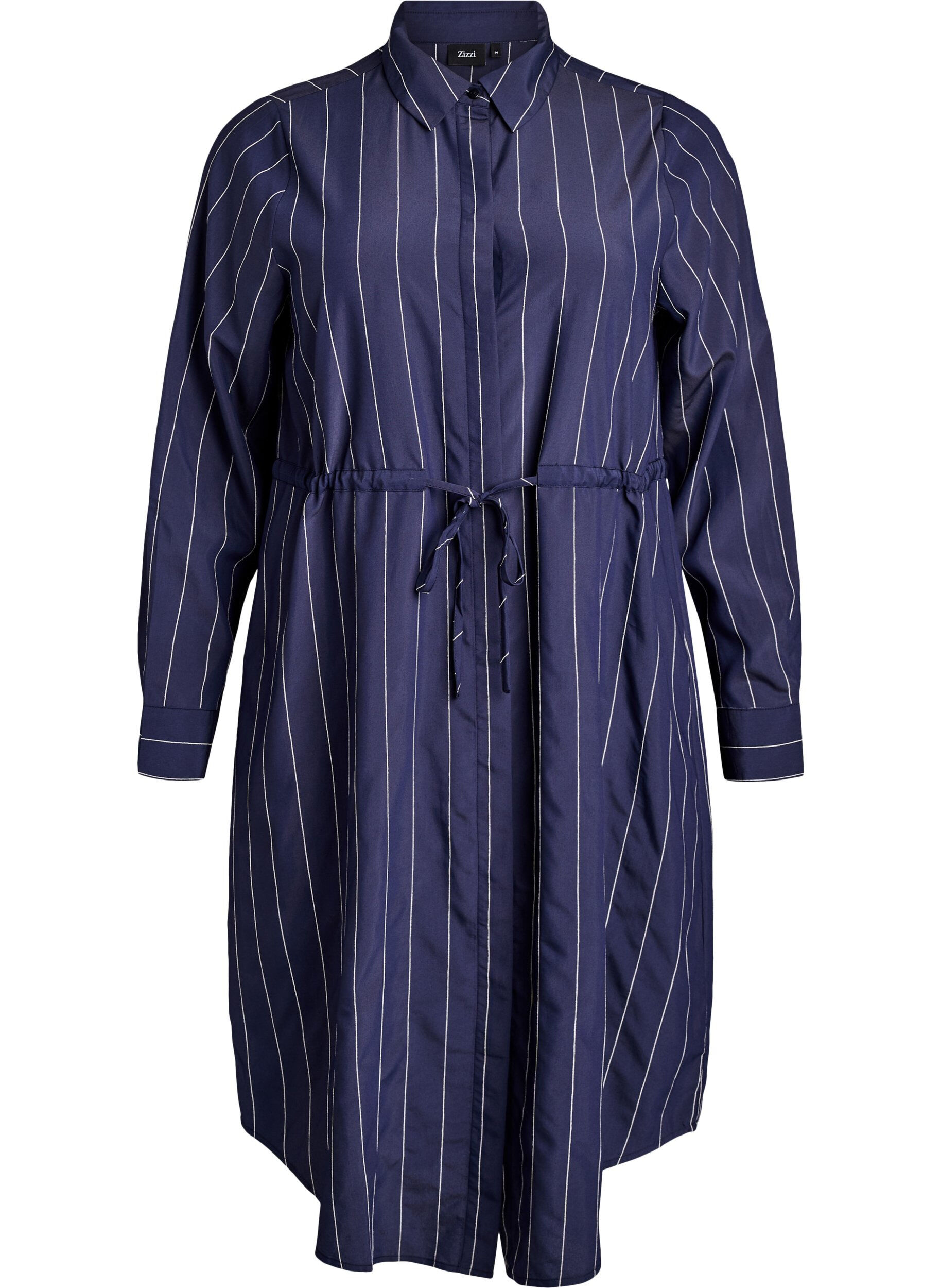 Pitk&auml; paita pystyraidoilla ja solmittavalla vy&ouml;ll&auml;