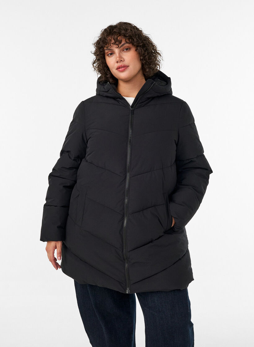 Keskipitk&auml; toppatakki hupulla, Musta, Model image number 3