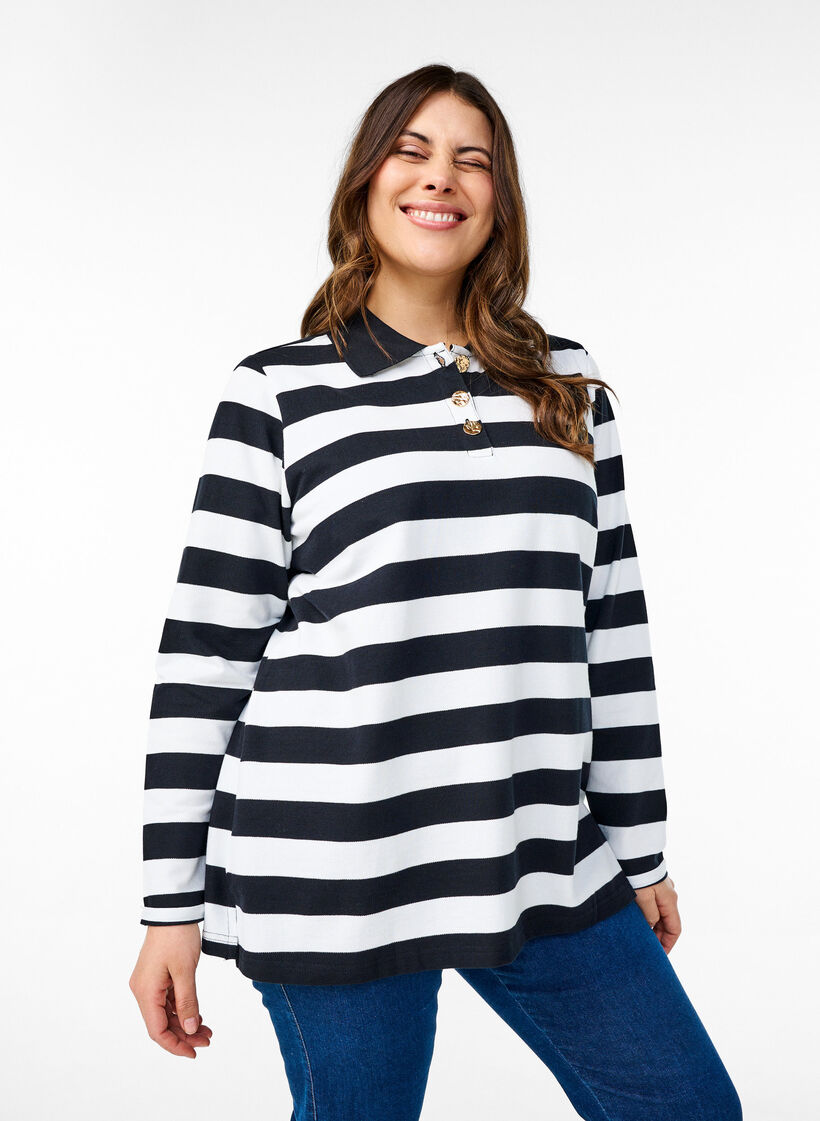 Raidallinen pitkähihainen pikeepaita, Musta, Model image number 0