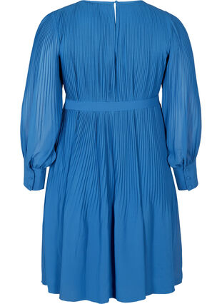 Pitkähihainen pliseerattu mekko nauhalla, Classic Blue , Packshot image number 1
