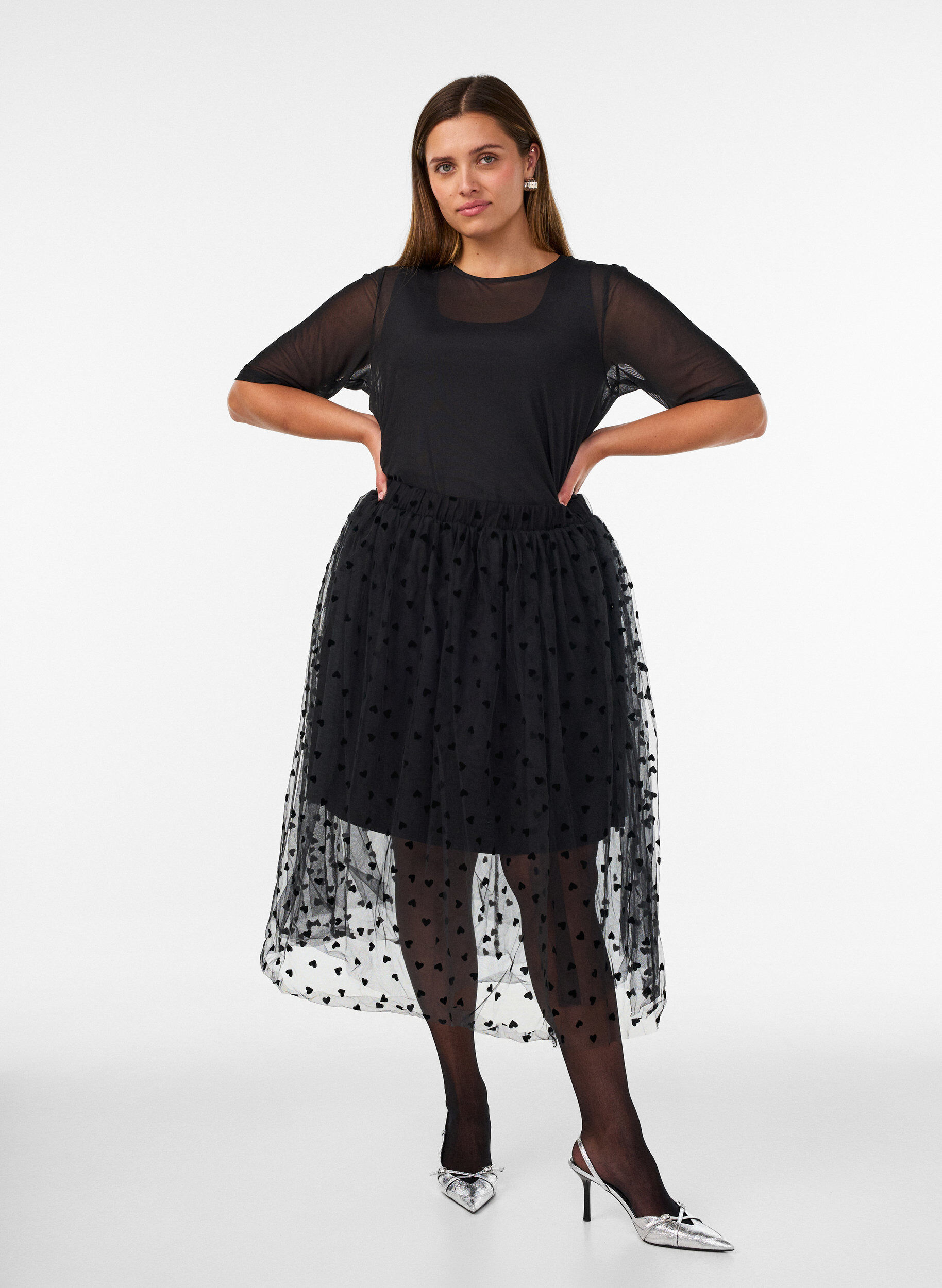 ZizziSyd&auml;nkuvioinen midimittainen tyllihame, Musta, Model image number 1