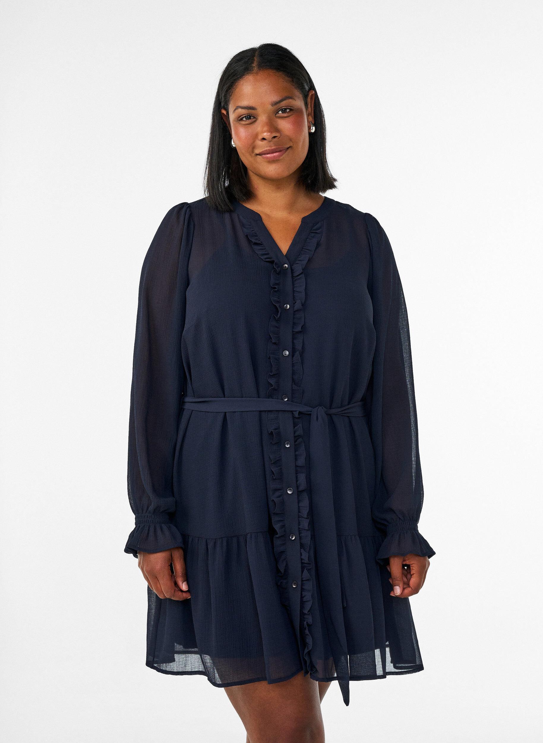 ZizziLyhyt mekko r&ouml;yhel&ouml;yksityiskohdilla ja solmittavalla vy&ouml;ll&auml;, Sininen, Model image number 0