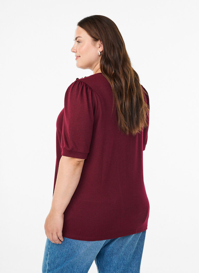 Pusero nappidetaljilla ja lyhyill&auml; puhvihihoilla, Tumma Bordeaux, Model image number 2