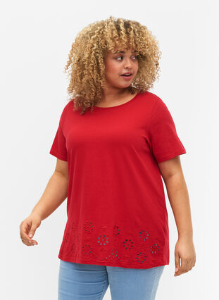 Puuvillainen T-paita brodeerauksella, Tango Red, Model image number 0