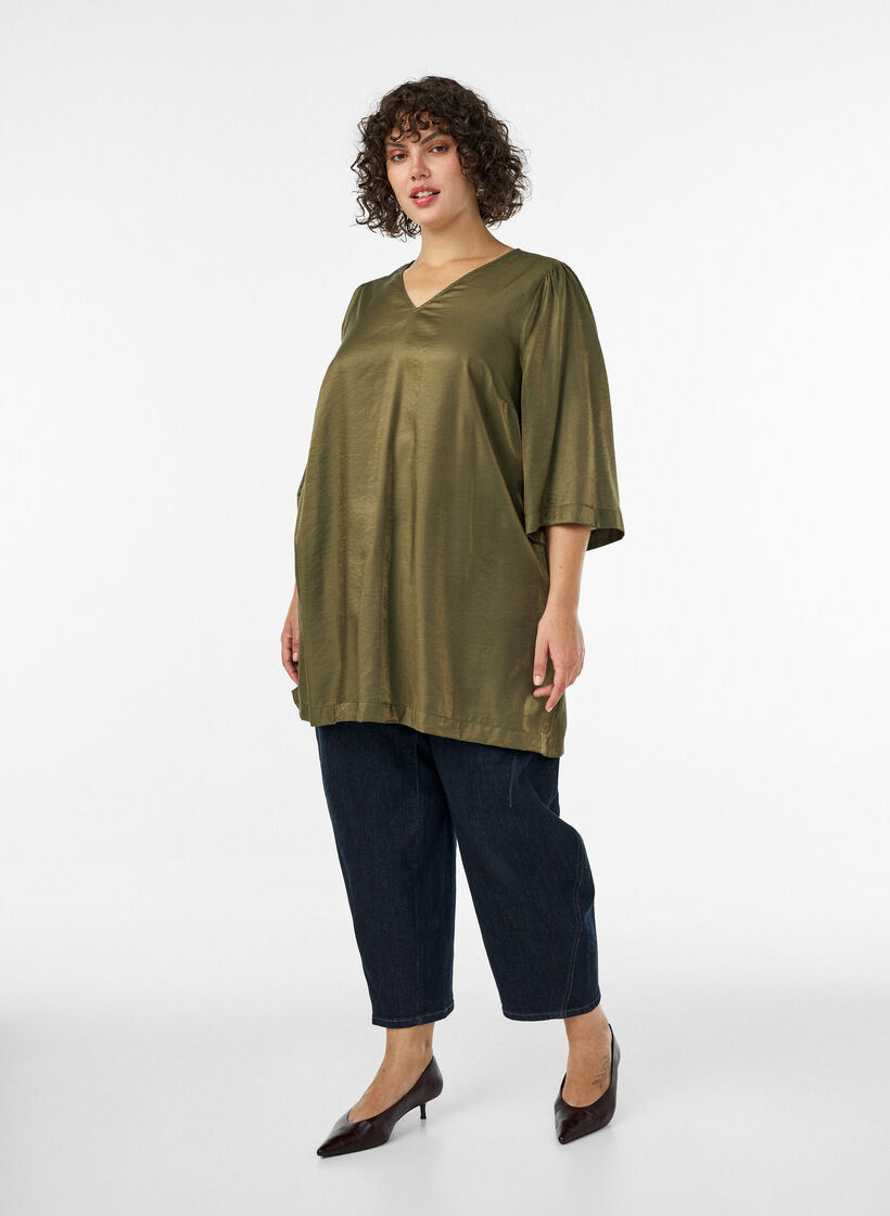 Kiilt&auml;v&auml; tunika V-p&auml;&auml;ntiell&auml; ja 3/4-hihoilla, Vihre&auml;, Model image number 1