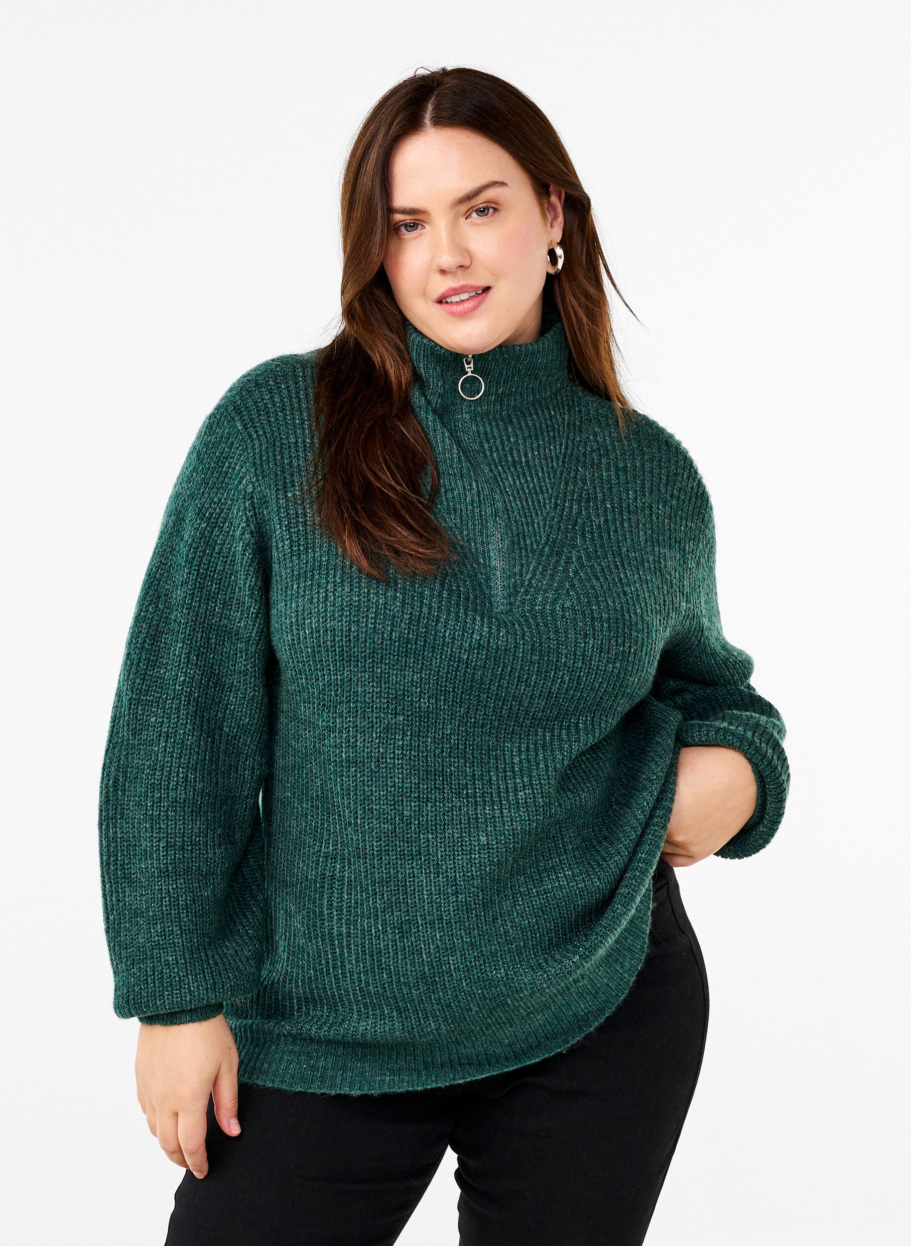 Neulepusero, jossa korkea kaulus ja vetoketju, Vihre&auml;, Model