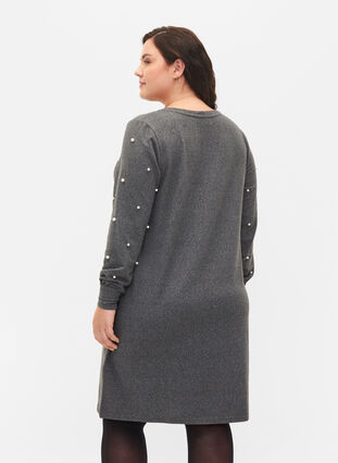 Pitkähihainen mekko helmiyksityiskohdilla, Dark Grey Melange, Model image number 1