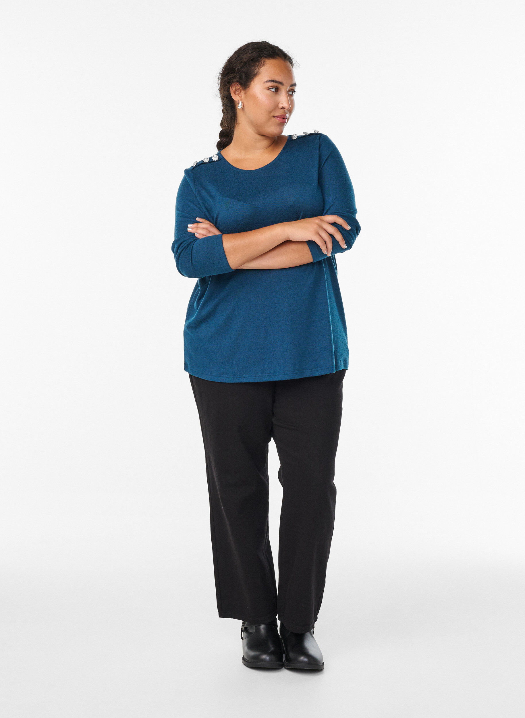 Zizzi Paljettipusero koristeellisilla napeilla, Sininen, Model image number 1