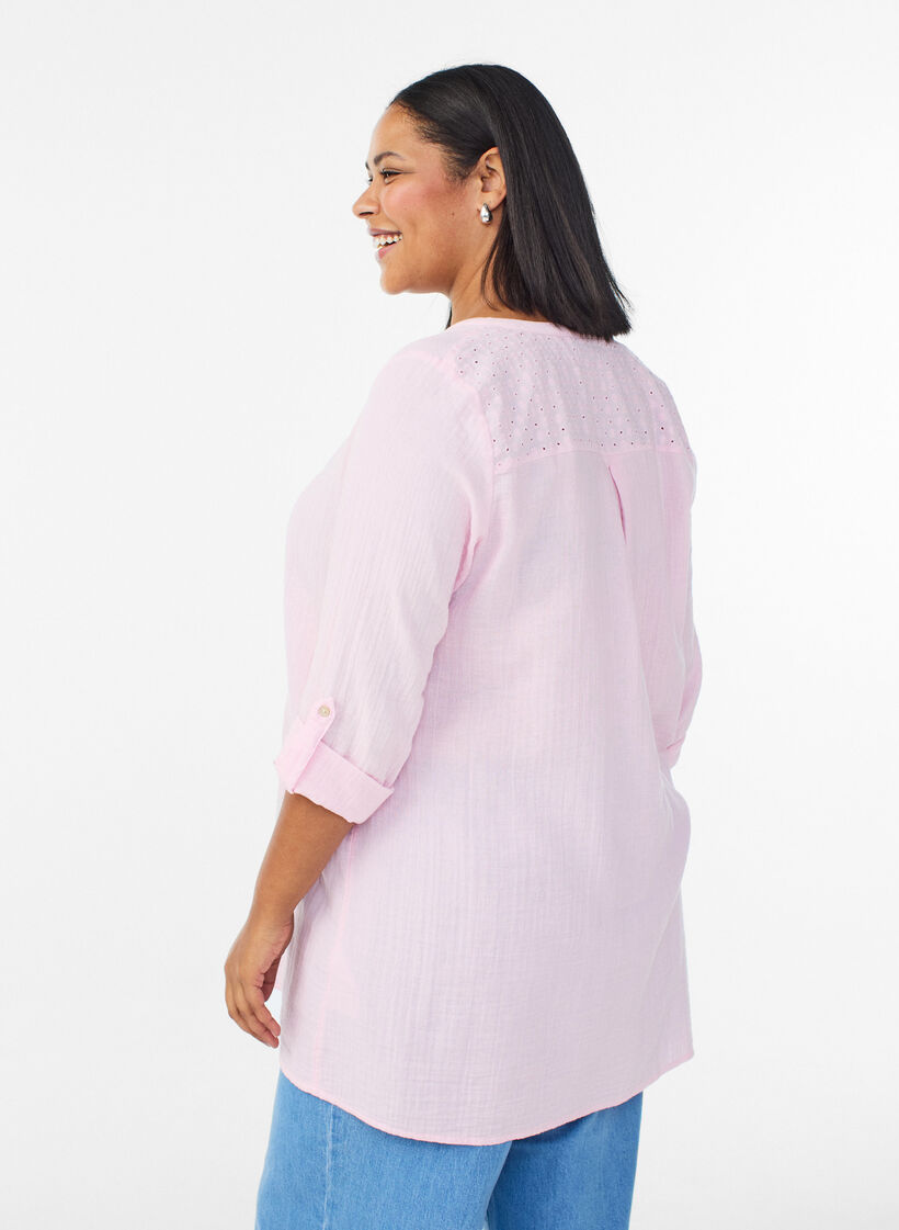 Puuvillamusliinitunika brodeeratulla pitsill&auml;, Vaaleanpunainen, Model image number 2