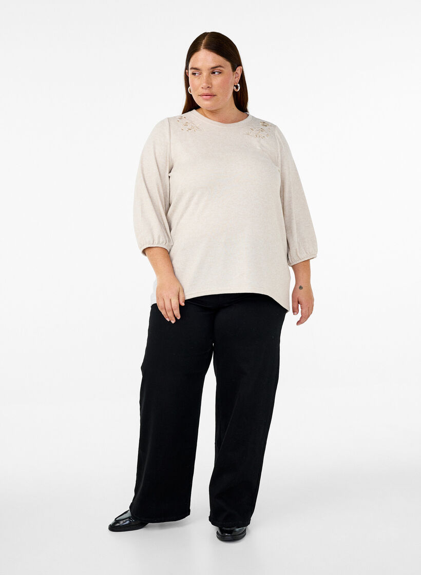 Kukkakirjailtu pusero ja 3/4-hihat, Oatmeal Melange, Model image number 2