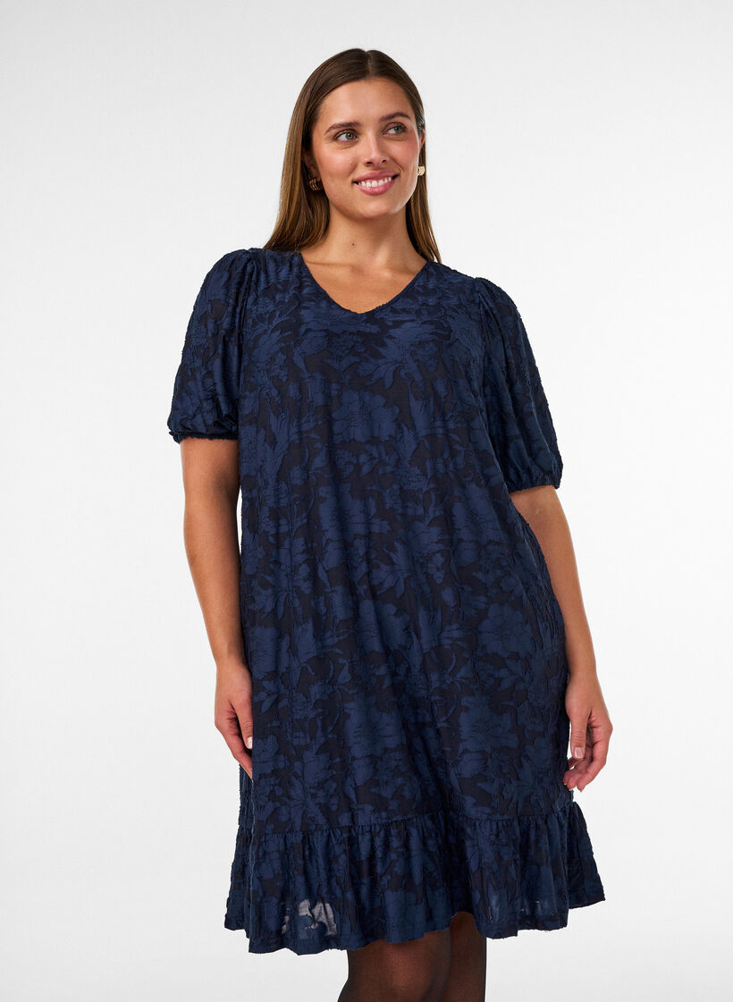 Mekko kukkatekstuurilla ja r&ouml;yhel&ouml;reunuksella, Sininen, Model image number 0