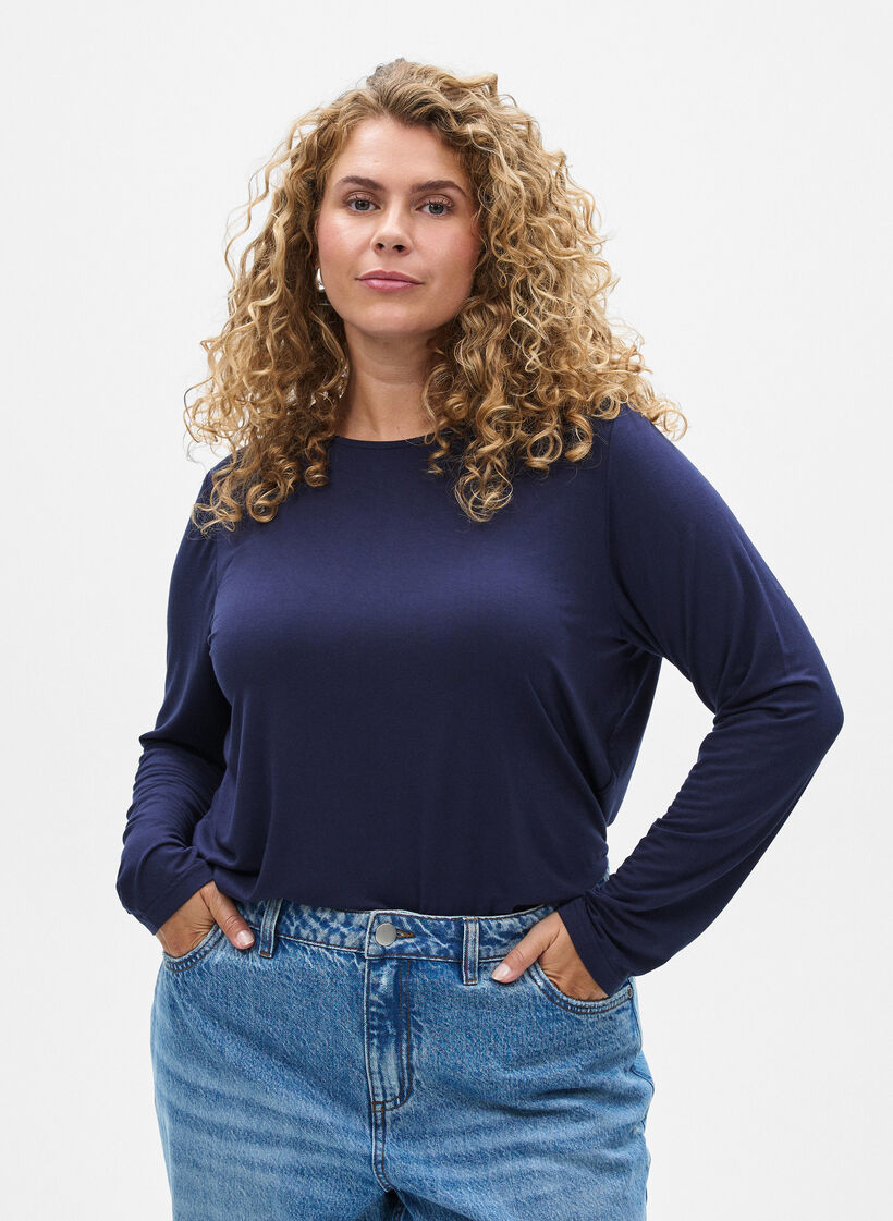 Yksiv&auml;rinen pusero pitkill&auml; hihoilla, Sininen, Model image number 0
