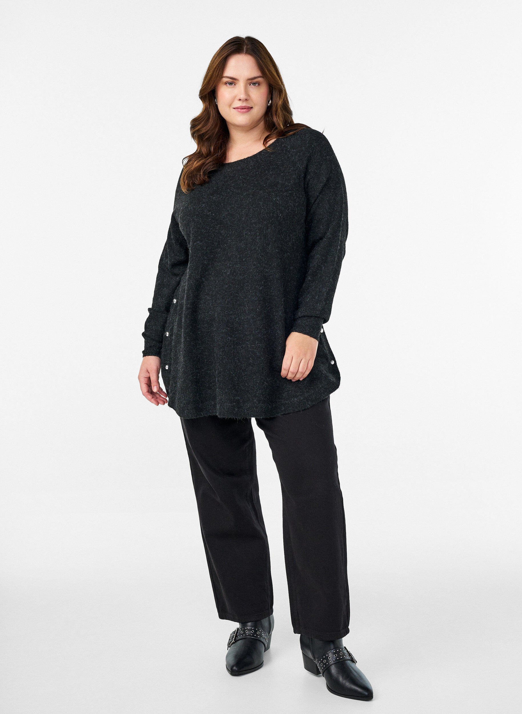 Zizzi Pitk&auml; neulepusero pallonapeilla, Harmaa, Model image number 1