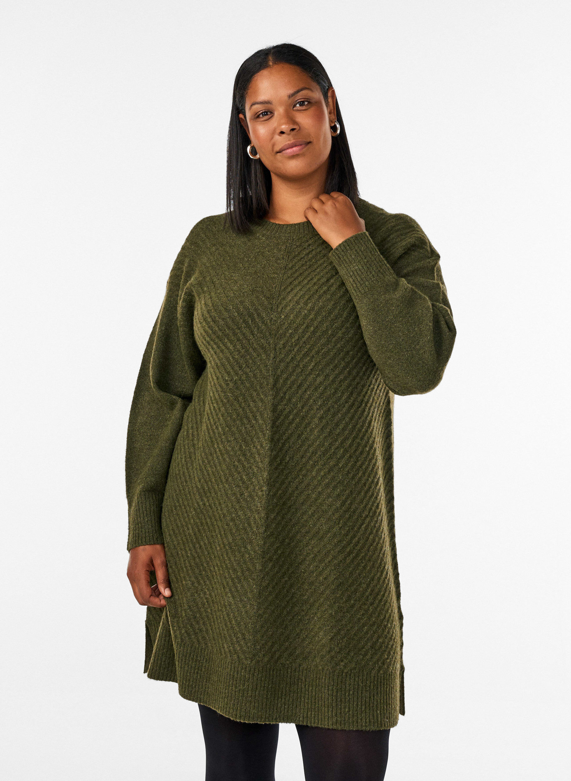ZizziLyhyt neulemekko V-muotoisella tekstuurikuviolla, Vihre&auml;, Model image number 0