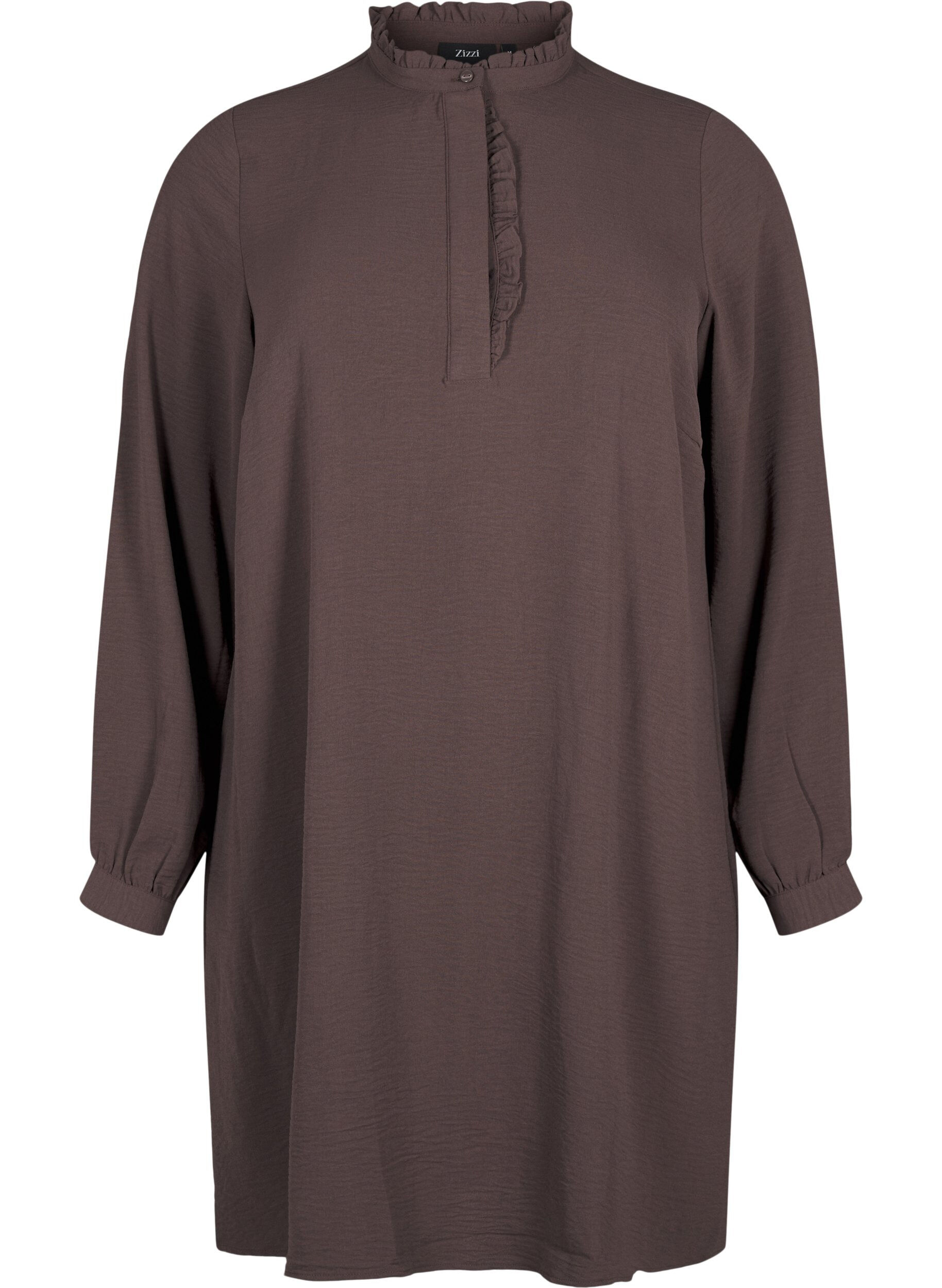 Zizzi Pitk&auml;hihainen mekko, jossa r&ouml;yhel&ouml;koriste, Chocolate Martini, Packshot image number 0