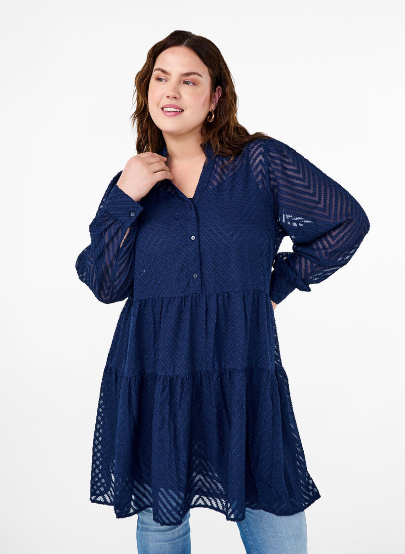 Teksturoitu lyhyt mekko röyhelökauluksella, Navy Blazer, Model image number 0