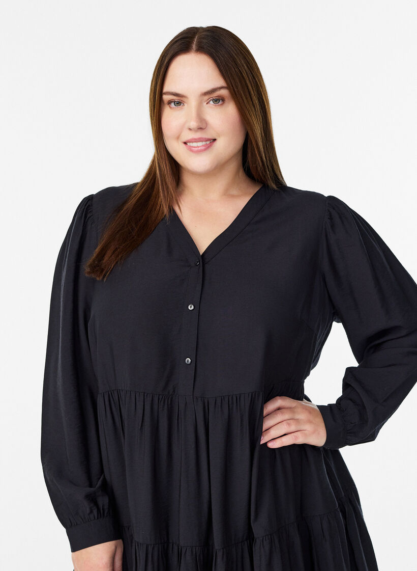 Midimekko v-pääntiellä ja a-linjaisella leikkauksella, Musta, Model image number 2