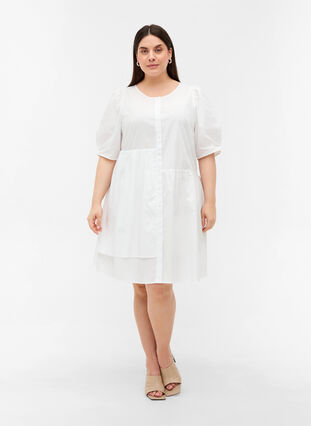 Puuvillainen paitamekko puhvihihoilla , Bright White, Model image number 2