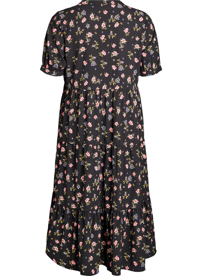 Nilkkapituinen mekko lyhyill&auml; hihoilla ja kerroksellisilla r&ouml;yhel&ouml;ill&auml;, Musta, Packshot image number 1