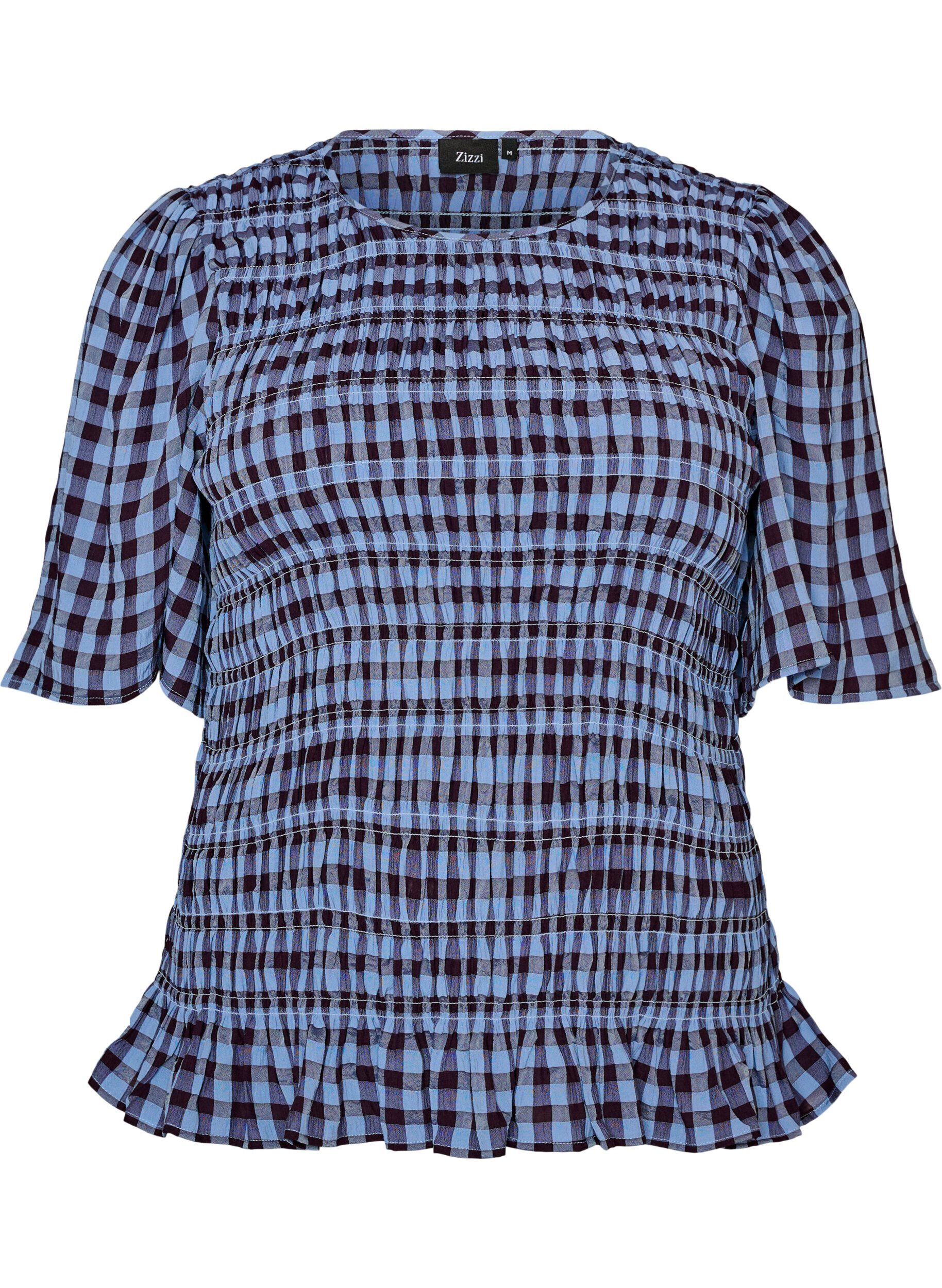 Smokkiblouse gingham -ruudullisella kuosilla ja r&ouml;yhel&ouml;helmalla