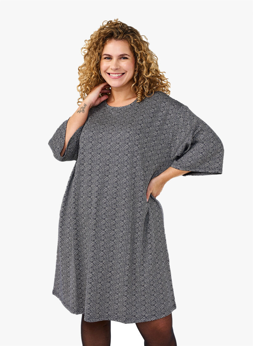 Kuvioitu mekko 3/4-hihoilla, Sininen, Model image number 0