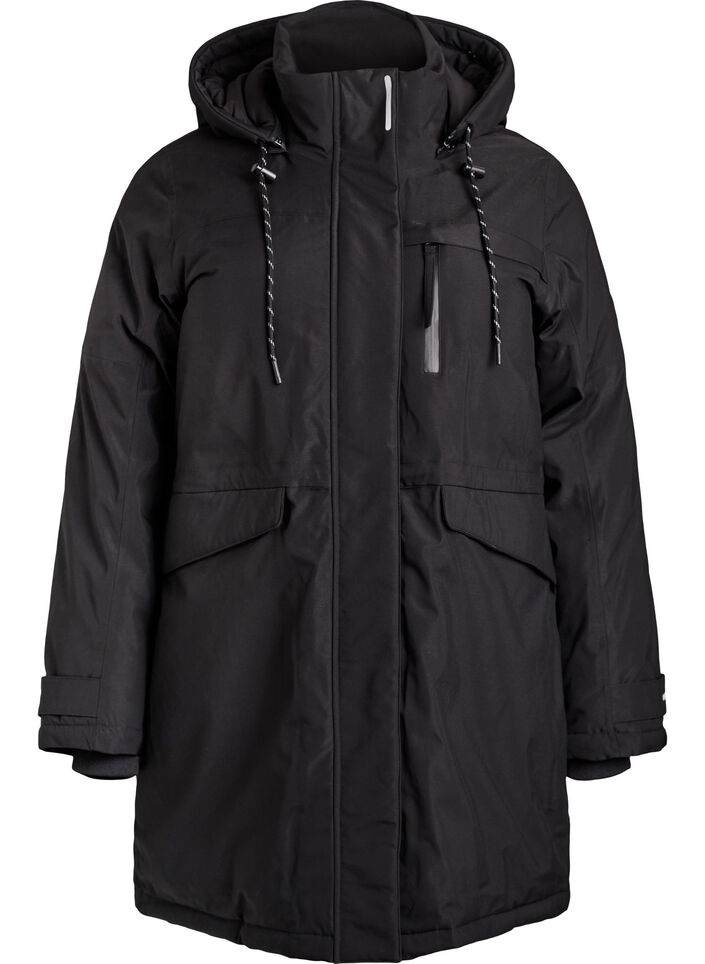 Vett&auml;hylkiv&auml; parka hupulla ja k&auml;yt&auml;nn&ouml;llisill&auml; yksityiskohdilla, Musta, Packshot image number 0